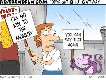 DESCRIPTION: Man picketing against the concept of evolution ... monkey agreeing CAPTION: 