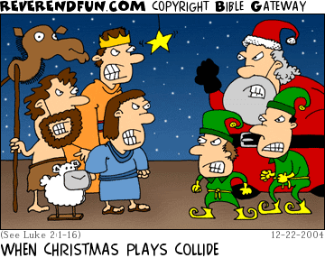 DESCRIPTION: Cast members from a play over story of the birth of Jesus clash with cast members from a play with Santa and elves CAPTION: WHEN CHRISTMAS PLAYS COLLIDE