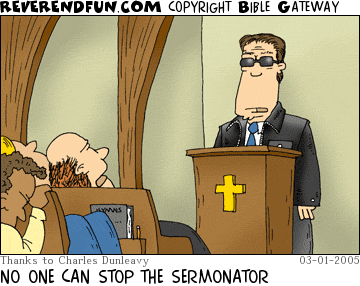 DESCRIPTION: Terminator lookin' pastor preaching to a sleeping crowd CAPTION: NO ONE CAN STOP THE SERMONATOR