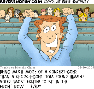 DESCRIPTION: Man sitting in the front row at church, others in the back rows CAPTION: BEING MUCH MORE OF A CONCERT-GOER THAN A CHURCH-GOER, TOM FOUND HIMSELF VOTED "MOST EXCITED TO SIT IN THE FRONT ROW ... EVER"