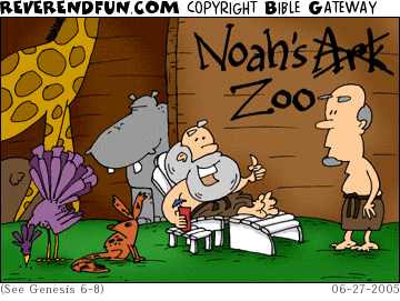 DESCRIPTION: Noah by ark, animals nearby, side of ark said &quot;Noah's Ark&quot; and now says &quot;Noah's Zoo&quot; CAPTION: 