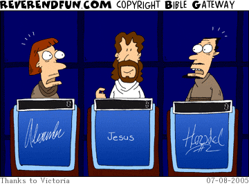 DESCRIPTION: Jesus and two others at Jeopardy style podiums.  Other men looking worried. CAPTION: 