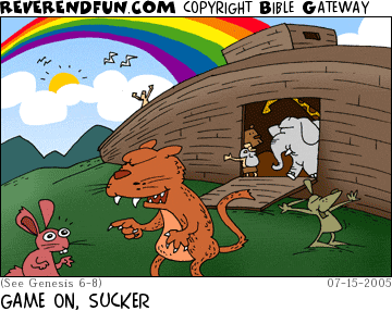 DESCRIPTION: Lion threatening a rabbit outside the newly landed ark CAPTION: GAME ON, SUCKER