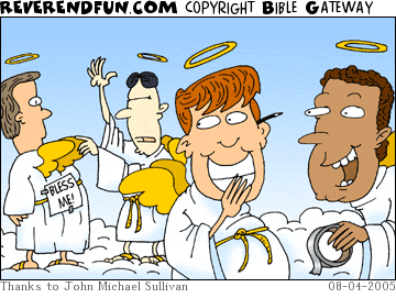 DESCRIPTION: Angel with &quot;bless me&quot; paper stuck on his back and another angel blessing him.  Others, holding the tape, look on in amusement. CAPTION: 