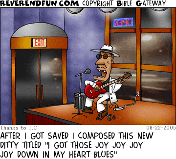 DESCRIPTION: Blues musician on stage CAPTION: AFTER I GOT SAVED I COMPOSED THIS NEW DITTY TITLED "I GOT THOSE JOY JOY JOY JOY DOWN IN MY HEART BLUES"