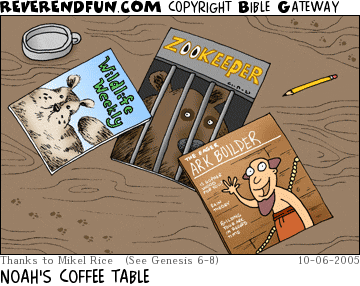 DESCRIPTION: Coffee table with various animal and ark building related texts on it along with some animal tracks CAPTION: NOAH'S COFFEE TABLE