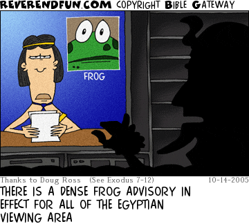 DESCRIPTION: Pharaoh watching weather report on tv CAPTION: THERE IS A DENSE FROG ADVISORY IN EFFECT FOR ALL OF THE EGYPTIAN VIEWING AREA