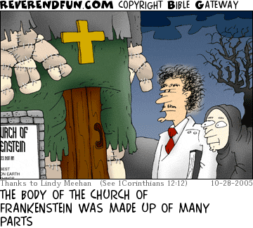 DESCRIPTION: Frankenstein and henchdude walking into a church that is a giant Frankenstein's monster CAPTION: THE BODY OF THE CHURCH OF FRANKENSTEIN WAS MADE UP OF MANY PARTS