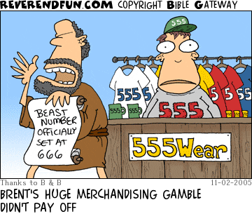 DESCRIPTION: Man announcing number of beast is 666 in front of a merchandising booth selling 555 gear CAPTION: BRENT'S HUGE MERCHANDISING GAMBLE DIDN'T PAY OFF