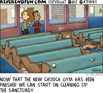 DESCRIPTION: Two men looking in on a run-down sanctuary CAPTION: NOW THAT THE NEW CHURCH GYM HAS BEEN FINISHED WE CAN START ON CLEANING UP THE SANCTUARY