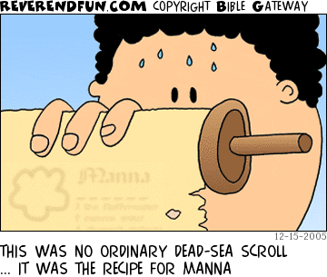 DESCRIPTION: Man looing at a scroll CAPTION: THIS WAS NO ORDINARY DEAD-SEA SCROLL ... IT WAS THE RECIPE FOR MANNA