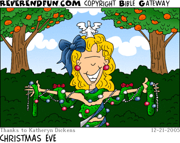 DESCRIPTION: Eve dressed up in garland, ornaments, ribbons, etc... CAPTION: CHRISTMAS EVE