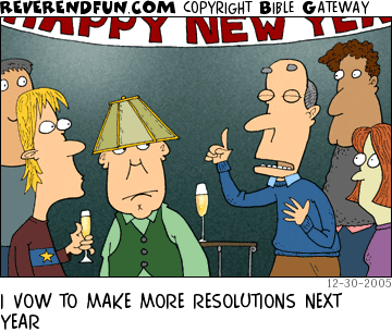 DESCRIPTION: Man making a speech at a New Year's Eve party CAPTION: I VOW TO MAKE MORE RESOLUTIONS NEXT YEAR