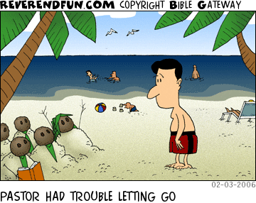 DESCRIPTION: A pastor at the beach in swim shorts with a congregation he built from sand and coconuts CAPTION: PASTOR HAD TROUBLE LETTING GO