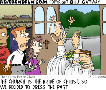 DESCRIPTION: Family entering church all dressed up like brides CAPTION: THE CHURCH IS THE BRIDE OF CHRIST, SO WE DECIDED TO DRESS THE PART