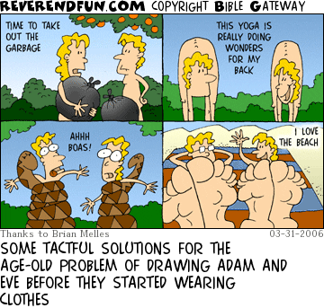 DESCRIPTION: Four panels showing Adam and Eve's nakedness covered in non-traditional ways CAPTION: SOME TACTFUL SOLUTIONS FOR THE AGE-OLD PROBLEM OF DRAWING ADAM AND EVE BEFORE THEY STARTED WEARING CLOTHES