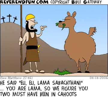 DESCRIPTION: A guard talking to a llama CAPTION: HE SAID "ELI, ELI, LAMA SABACHTHANI" ... YOU ARE LAMA, SO WE FIGURE YOU TWO MUST HAVE BEEN IN CAHOOTS