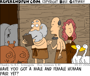DESCRIPTION: A couple approaching Noah while he is loading pairs of animals onto the ark CAPTION: HAVE YOU GOT A MALE AND FEMALE HUMAN PAIR YET?
