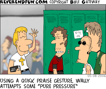DESCRIPTION: Guy with Bible and religious t-shirt doing a praise gesture in front of the tough kids CAPTION: USING A QUICK PRAISE GESTURE, WALLY ATTEMPTS SOME “PURE PRESSURE”