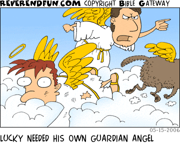 DESCRIPTION: Angel has been attacked by a dog, other angel shooing dog away CAPTION: LUCKY NEEDED HIS OWN GUARDIAN ANGEL