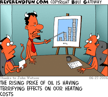 DESCRIPTION: Devil in board meeting giving presentation to other devils CAPTION: THE RISING PRICE OF OIL IS HAVING TERRIFYING EFFECTS ON OUR HEATING COSTS