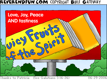 DESCRIPTION: A billboard showing a pack of &quot;Juicy Fruits of the Spirit&quot; gum, text says &quot;Love, Joy, Peace AND tastiness&quot; CAPTION: 