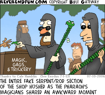 DESCRIPTION: Two guys in cloaks are purchasing fake serpent rods CAPTION: THE ENTIRE FAKE SERPENT/ROD SECTION OF THE SHOP HUSHED AS THE PHARAOH'S MAGICIANS SHARED AN AWKWARD MOMENT