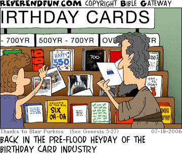 DESCRIPTION: A birthday card rack with sections ranging up to 900+ years CAPTION: BACK IN THE PRE-FLOOD HEYDAY OF THE BIRTHDAY CARD INDUSTRY