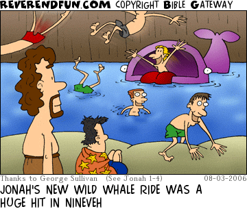 DESCRIPTION: Jonah looking on as swimmers enjoy his whale water park ride CAPTION: JONAH'S NEW WILD WHALE RIDE WAS A HUGE HIT IN NINEVEH