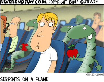 DESCRIPTION: Serpents with apples on a plane tempting other passengers CAPTION: SERPENTS ON A PLANE