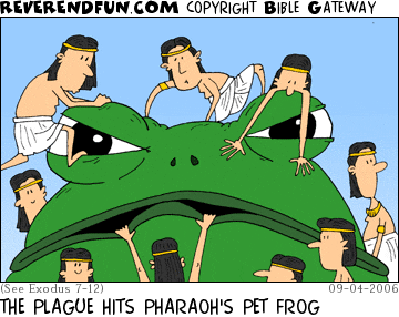 DESCRIPTION: A frog with mini Egyptians climbing all over him CAPTION: THE PLAGUE HITS PHARAOH'S PET FROG