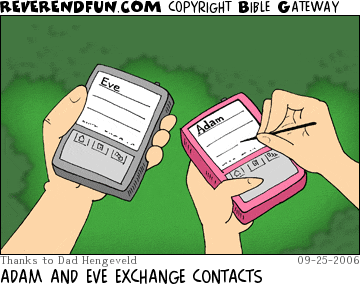 DESCRIPTION: Two handheld devices showing one addressbook contact each, one showing &quot;Adam&quot; and the other showing &quot;Eve&quot; CAPTION: ADAM AND EVE EXCHANGE CONTACTS