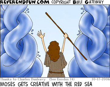 DESCRIPTION: Moses raising his hands and staff with the Red Sea rising in front of him ... braided CAPTION: MOSES GETS CREATIVE WITH THE RED SEA