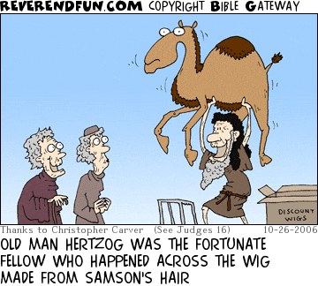 DESCRIPTION: Old man lifting a camel over his head while a couple old ladies look on CAPTION: OLD MAN HERTZOG WAS THE FORTUNATE FELLOW WHO HAPPENED ACROSS THE WIG MADE FROM SAMSON'S HAIR