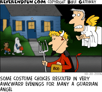 DESCRIPTION: An embarrassed guardian angel following a Halloweener dressed as the devil CAPTION: SOME COSTUME CHOICES RESULTED IN VERY AWKWARD EVENINGS FOR MANY A GUARDIAN ANGEL