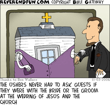 DESCRIPTION: An usher escorting a church in a church CAPTION: THE USHERS NEVER HAD TO ASK GUESTS IF THEY WERE WITH THE BRIDE OR THE GROOM AT THE WEDDING OF JESUS AND THE CHURCH