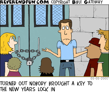 DESCRIPTION: Man looking sheepish and standing next to a locked door, others looking on CAPTION: TURNED OUT NOBODY BROUGHT A KEY TO THE NEW YEARS LOCK IN