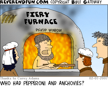 DESCRIPTION: Man holding pizza in fiery furnace window marked &quot;pickup window&quot; CAPTION: WHO HAD PEPPERONI AND ANCHOVIES?
