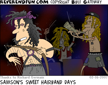 DESCRIPTION: Samson rocking out on a harp, other musicians in background CAPTION: SAMSON'S SWEET HAIRBAND DAYS