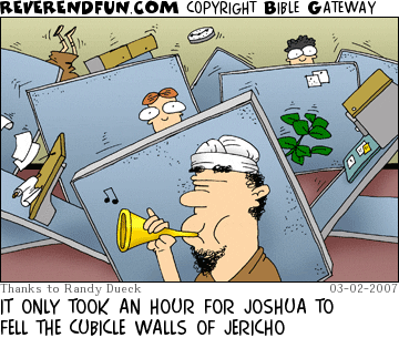 DESCRIPTION: Joshua playing a trumpet, cubicles falling apart in the background CAPTION: IT ONLY TOOK AN HOUR FOR JOSHUA TO FELL THE CUBICLE WALLS OF JERICHO