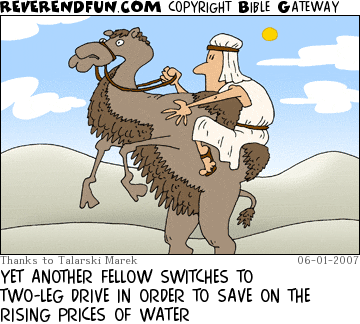 DESCRIPTION: Man riding a camel that is standing on two legs CAPTION: YET ANOTHER FELLOW SWITCHES TO TWO-LEG DRIVE IN ORDER TO SAVE ON THE RISING PRICES OF WATER