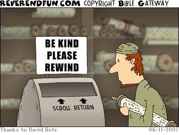 DESCRIPTION: Man with scroll looking at a scroll return box that has a sign saying &quot;be kind, please rewind&quot; attached to it CAPTION: 