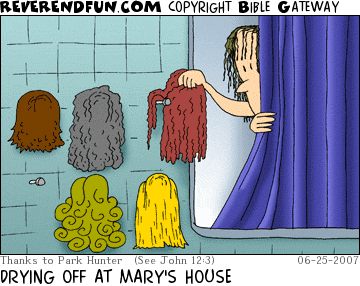 DESCRIPTION: Hand reaching out from behind a shower curtain to a towel rack hung with wigs CAPTION: DRYING OFF AT MARY'S HOUSE