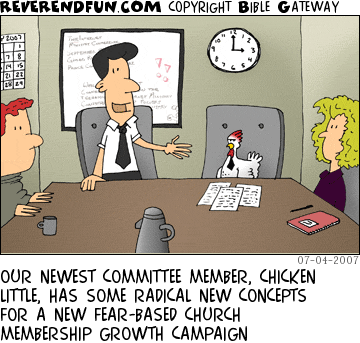 DESCRIPTION: Pastor introducing a chicken in a committee meeting CAPTION: OUR NEWEST COMMITTEE MEMBER, CHICKEN LITTLE, HAS SOME RADICAL NEW CONCEPTS FOR A NEW FEAR-BASED CHURCH MEMBERSHIP GROWTH CAMPAIGN