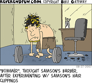 DESCRIPTION: Barber has fixed hair clippings to his noggin' and is trying to lift weights CAPTION: "BUMMER", THOUGHT SAMSON'S BARBER, AFTER EXPERIMENTING W/ SAMSON'S HAIR CLIPPINGS
