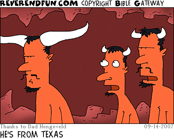 DESCRIPTION: Two regular horned devils looking at a longhorned one CAPTION: HE'S FROM TEXAS