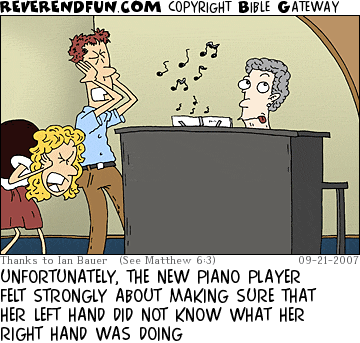 DESCRIPTION: Lady playing piano, bystanders covering their ears CAPTION: UNFORTUNATELY, THE NEW PIANO PLAYER FELT STRONGLY ABOUT MAKING SURE THAT HER LEFT HAND DID NOT KNOW WHAT HER RIGHT HAND WAS DOING