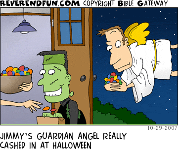 DESCRIPTION: Kid getting candy at Halloween.  In background guardian angel is holding snacks. CAPTION: JIMMY’S GUARDIAN ANGEL REALLY CASHED IN AT HALLOWEEN