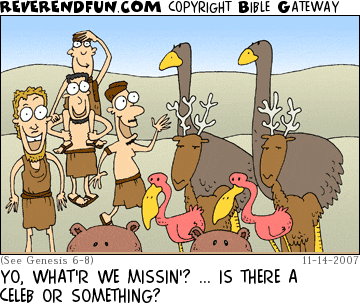 DESCRIPTION: Group of guys coming across animals waiting to get on the ark and trying to figure out what the commotion is all about CAPTION: YO, WHAT'R WE MISSIN'? ... IS THERE A CELEB OR SOMETHING?