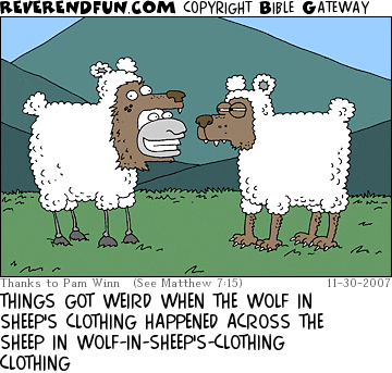 DESCRIPTION: Wolf in sheep's clothing meeting a sheep in wolf-in-sheep's-clothing clothing CAPTION: THINGS GOT WEIRD WHEN THE WOLF IN SHEEP'S CLOTHING HAPPENED ACROSS THE SHEEP IN WOLF-IN-SHEEP'S-CLOTHING CLOTHING